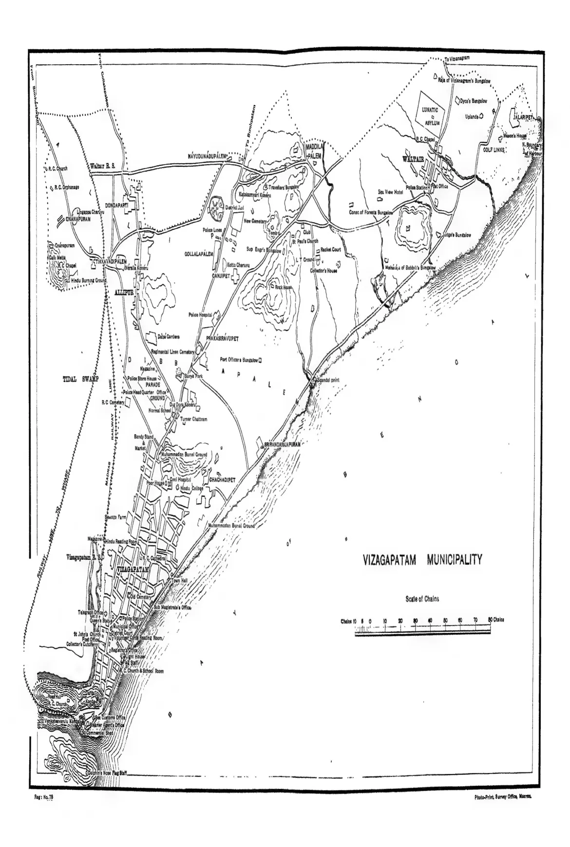 Town plan of the Vizagapatam municipality along the coast, from the old town and harbour mouth in the south to Waltair in the north, with roads, the railway, churches, cemeteries, bungalows and the hills behind.