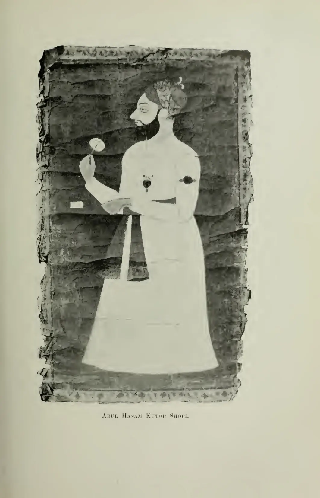 Reproduction of a painted portrait of Abul Hasan Qutb Shah, a bearded ruler in white robes standing and holding a flower.