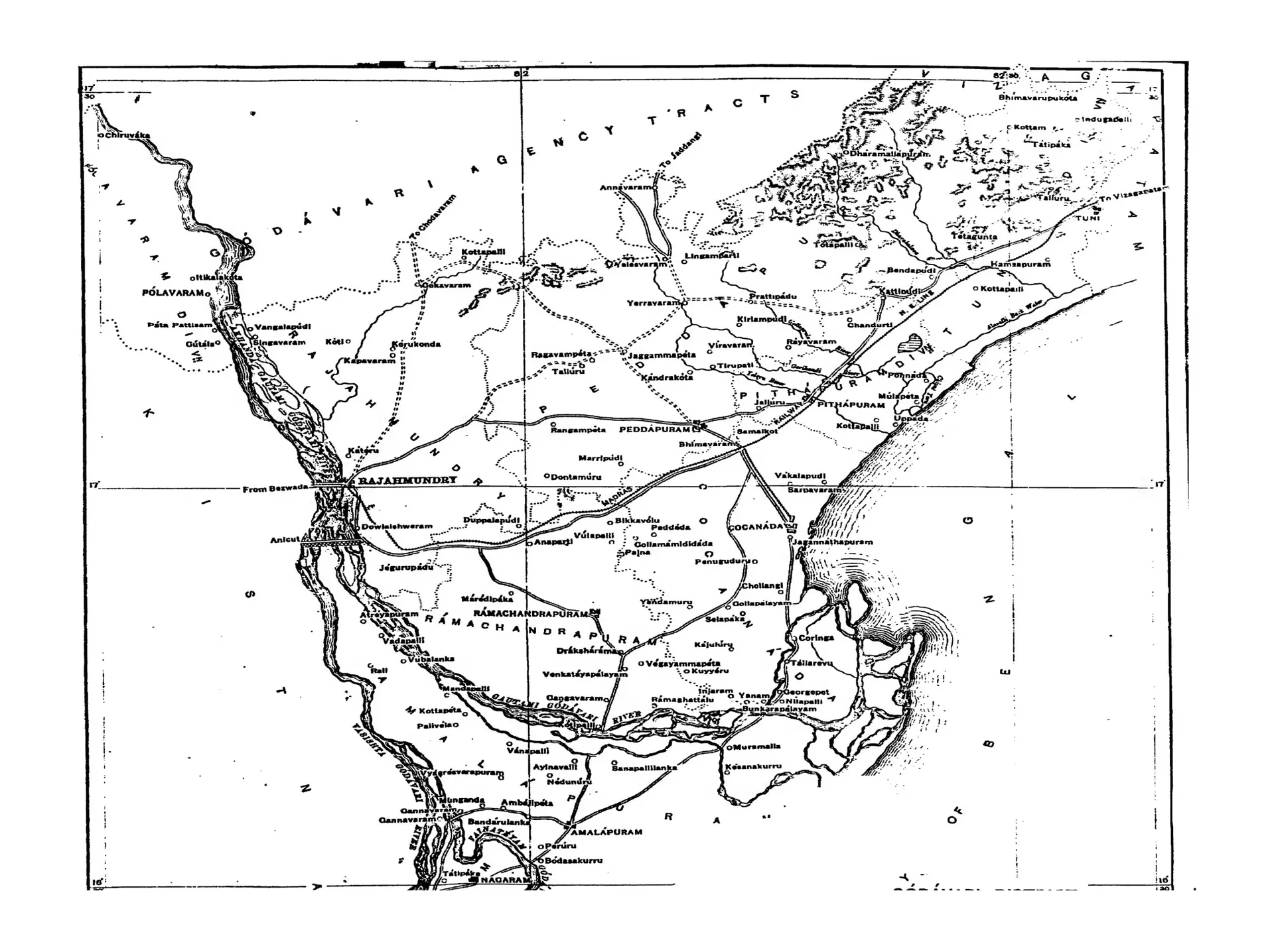 Folding district map of the Godavari plains with the river, the coast of the Bay of Bengal, Coringa and Cocanada, taluk boundaries, roads, railway and villages. Printed sideways.