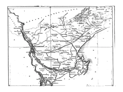 Folding district map of the Godavari plains with the river, the coast of the Bay of Bengal, Coringa and Cocanada, taluk boundaries, roads, railway and villages. Printed sideways.
