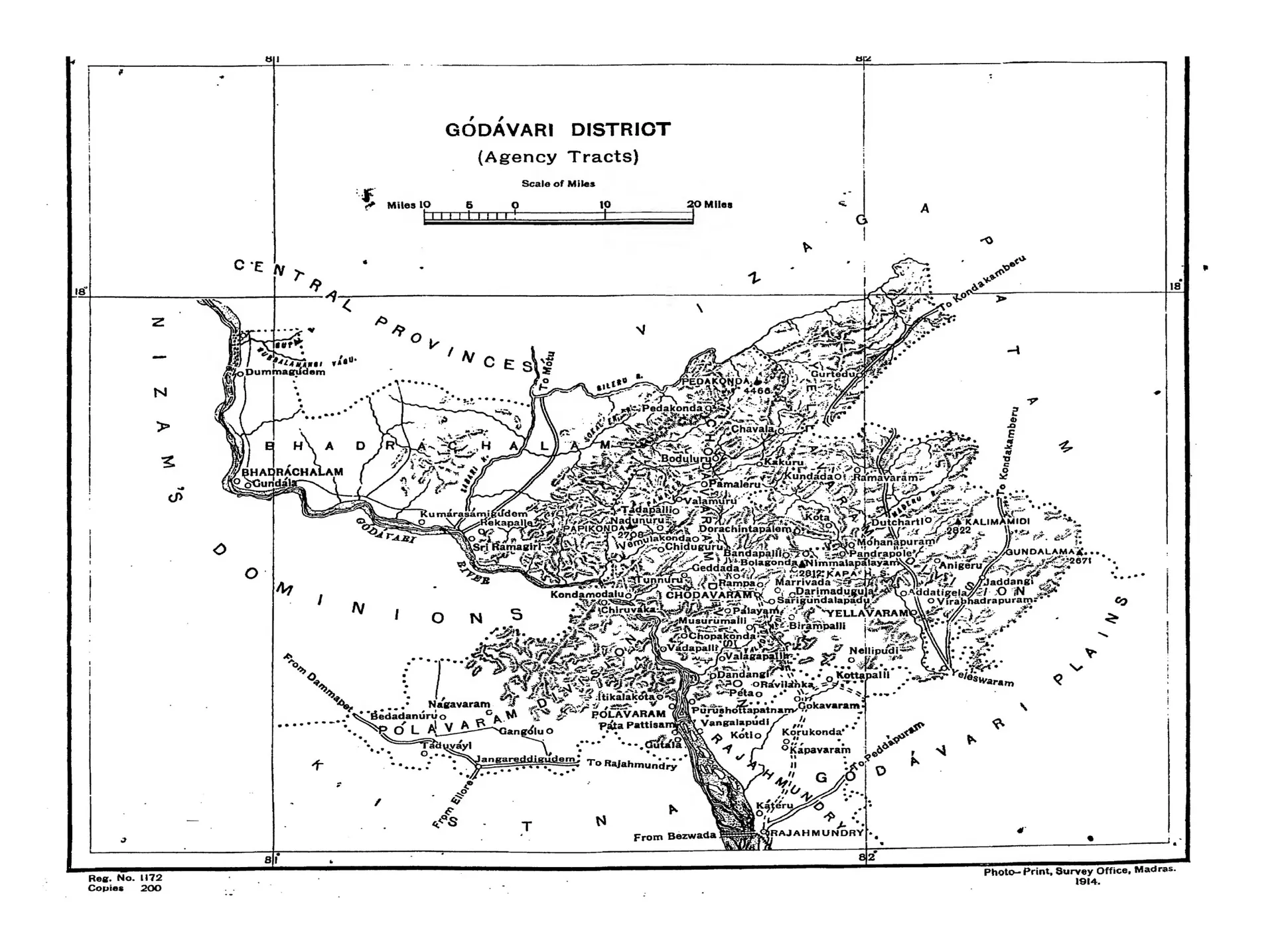 Folding map of the hilly Agency tracts of the Godavari district, bounded by the Nizam's Dominions, the Central Provinces and Vizagapatam, with the Godavari river, the Godavari plains to the south, and many hill villages. Printed sideways.