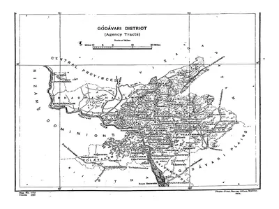 Folding map of the hilly Agency tracts of the Godavari district, bounded by the Nizam's Dominions, the Central Provinces and Vizagapatam, with the Godavari river, the Godavari plains to the south, and many hill villages. Printed sideways.