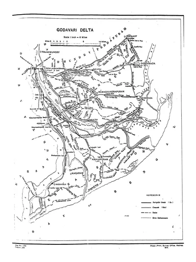 Map of the Godavari delta from Rajahmundry and Dowlaishweram to the sea, showing navigable canals, channels, drains and river embankments, with Cocanada, Ramachandrapuram, Amalapuram, Nagaram and Razavolu.