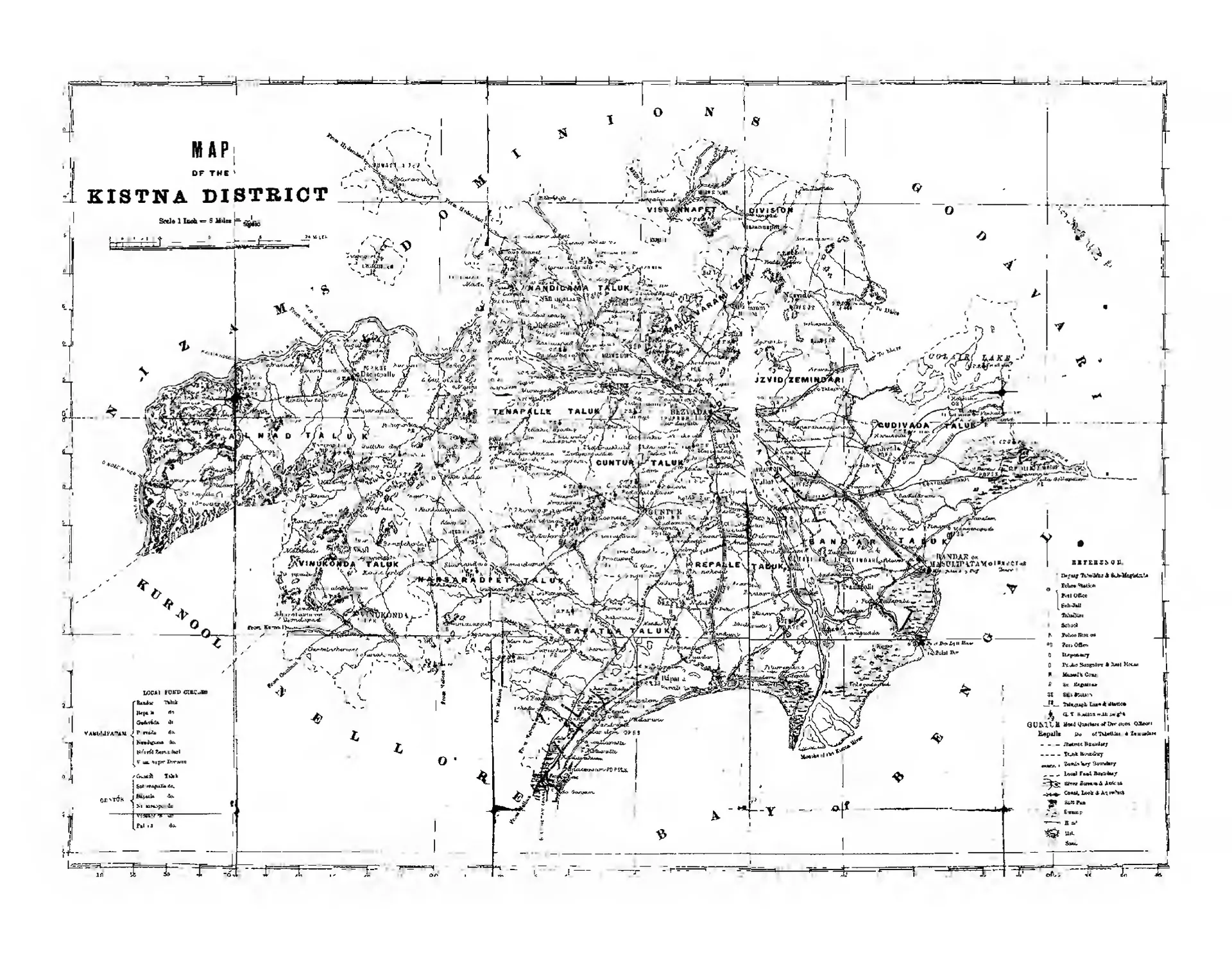 Folding map of the Kistna district between the Godavari district, the Nizam's Dominions, Kurnool, Nellore and the Bay of Bengal, with taluk names, roads, canals, the river Kistna and a reference key.