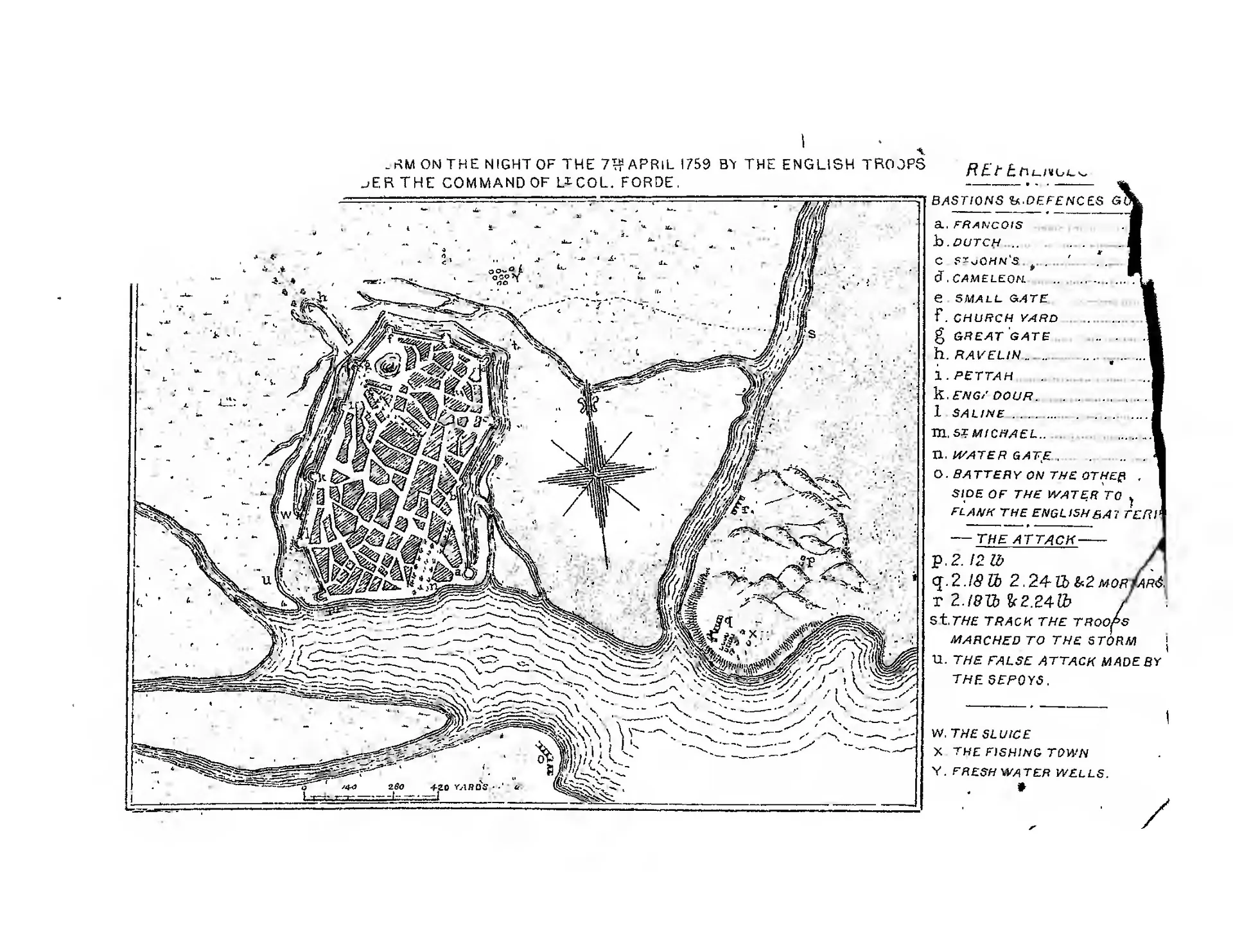 Plan of a walled, bastioned town beside a river mouth and the sea, with a key naming its bastions and defences (French, Dutch, St John's, Cameleon and others), the pettah, saline and fishing town, and the batteries and track of the attacking troops. The same manual narrates Forde's storming of the Masulipatam fort on the night of 7 April 1759 (mackenzie-1883, PDF p. 63).