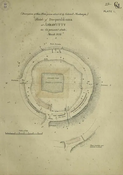 Hand-coloured plan of the Amaravati stupa mound (Deepaldinne) as it stood in 1816, showing the circular mound with its entrances and the scattered stones.