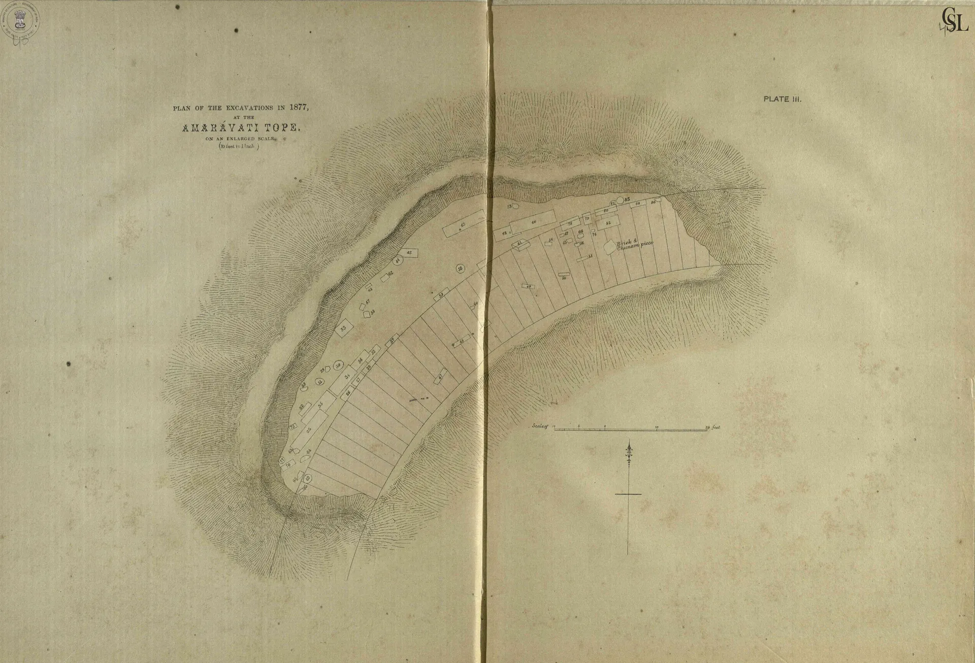 Coloured plan of the excavated area of the Amaravati stupa mound in 1877, a curved trench with numbered finds, on a two-page plate.