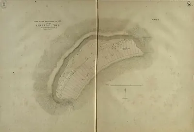 Coloured plan of the excavated area of the Amaravati stupa mound in 1877, a curved trench with numbered finds, on a two-page plate.