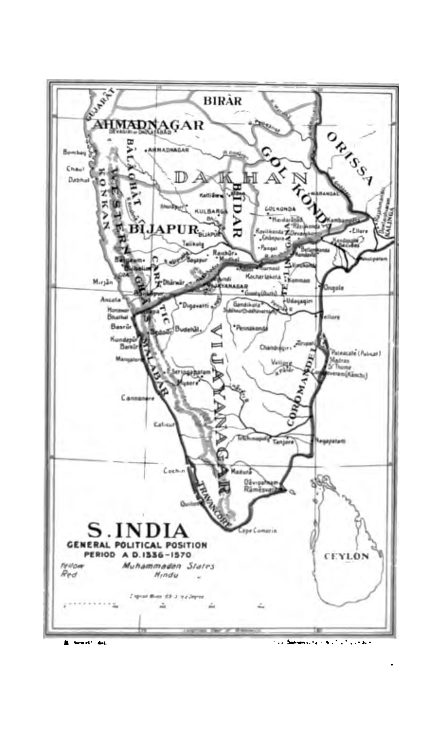 Map of southern India showing Ahmadnagar, Bijapur, Golkonda, Bidar and Berar in the Dakhan and the Vijayanagar empire to the south, with Orissa on the north-east and Ceylon.