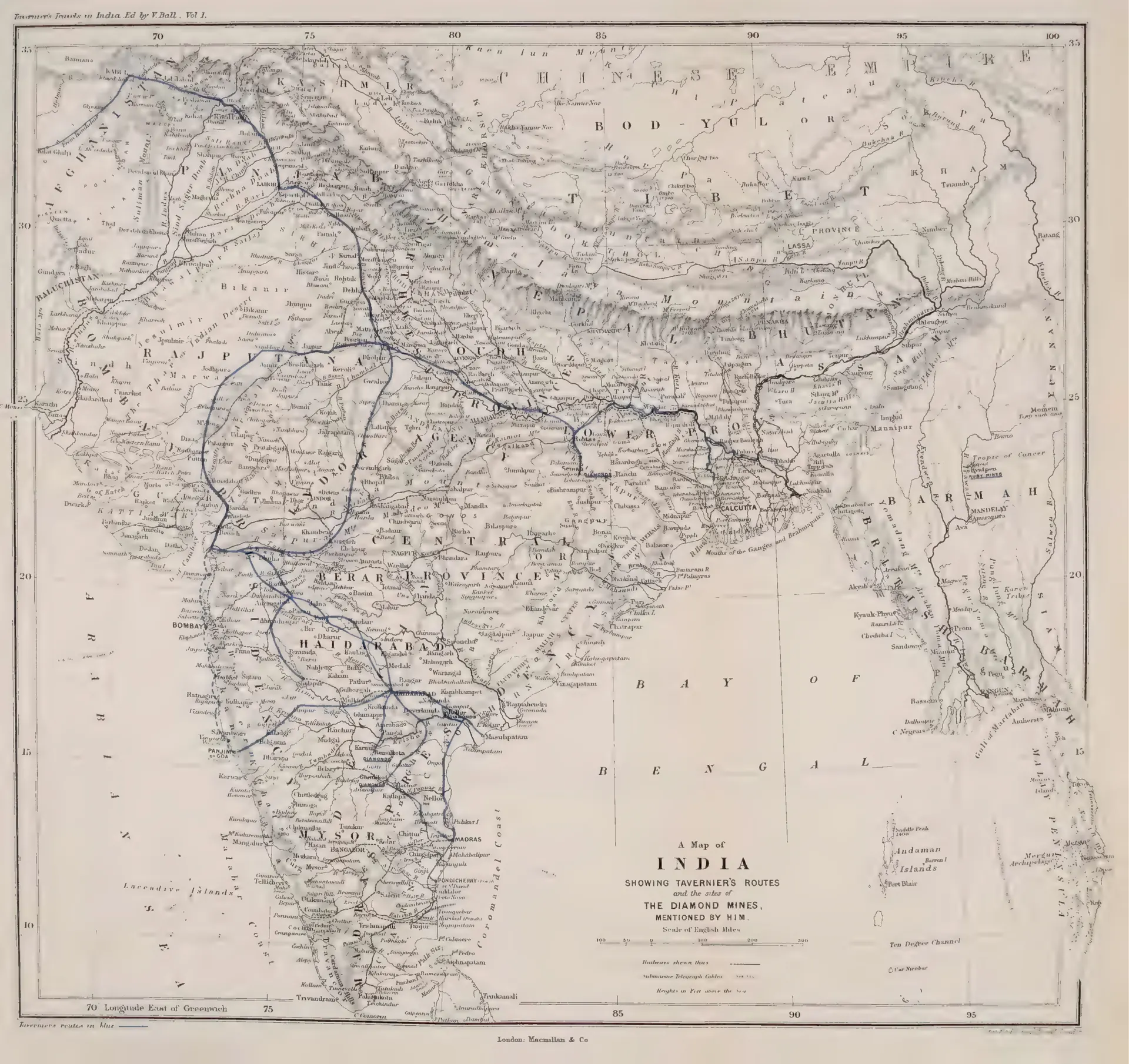 Map of India with Tavernier's travel routes drawn in blue, crossing the Deccan by Haidarabad and Golconda to Masulipatam and Madras, with the diamond mine sites marked. Published by Macmillan & Co.