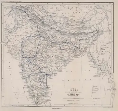Map of India with Tavernier's travel routes drawn in blue, crossing the Deccan by Haidarabad and Golconda to Masulipatam and Madras, with the diamond mine sites marked. Published by Macmillan & Co.