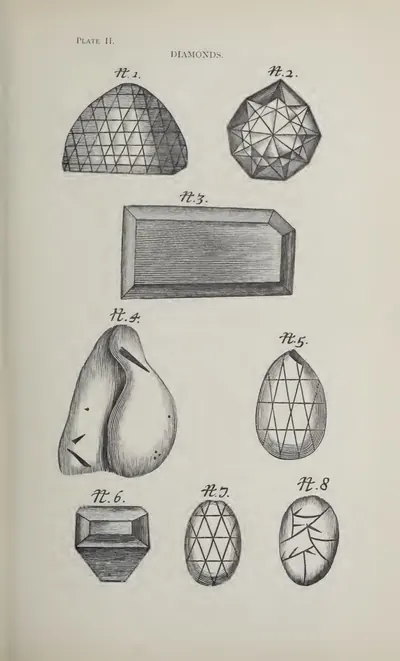 Engraved plate of eight large diamonds, numbered, showing their facets and shapes.