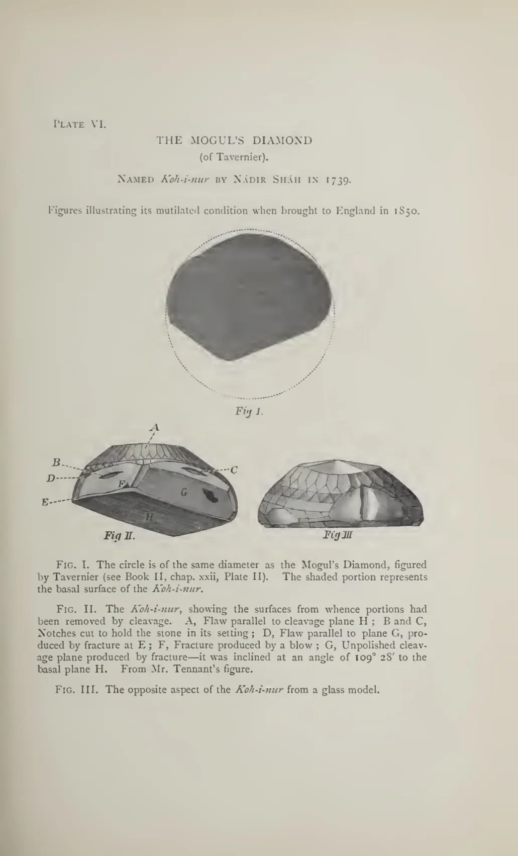 Plate with three figures of the Koh-i-nur diamond: its outline compared with the stone Tavernier figured, and two views of it as cut when brought to England in 1850.