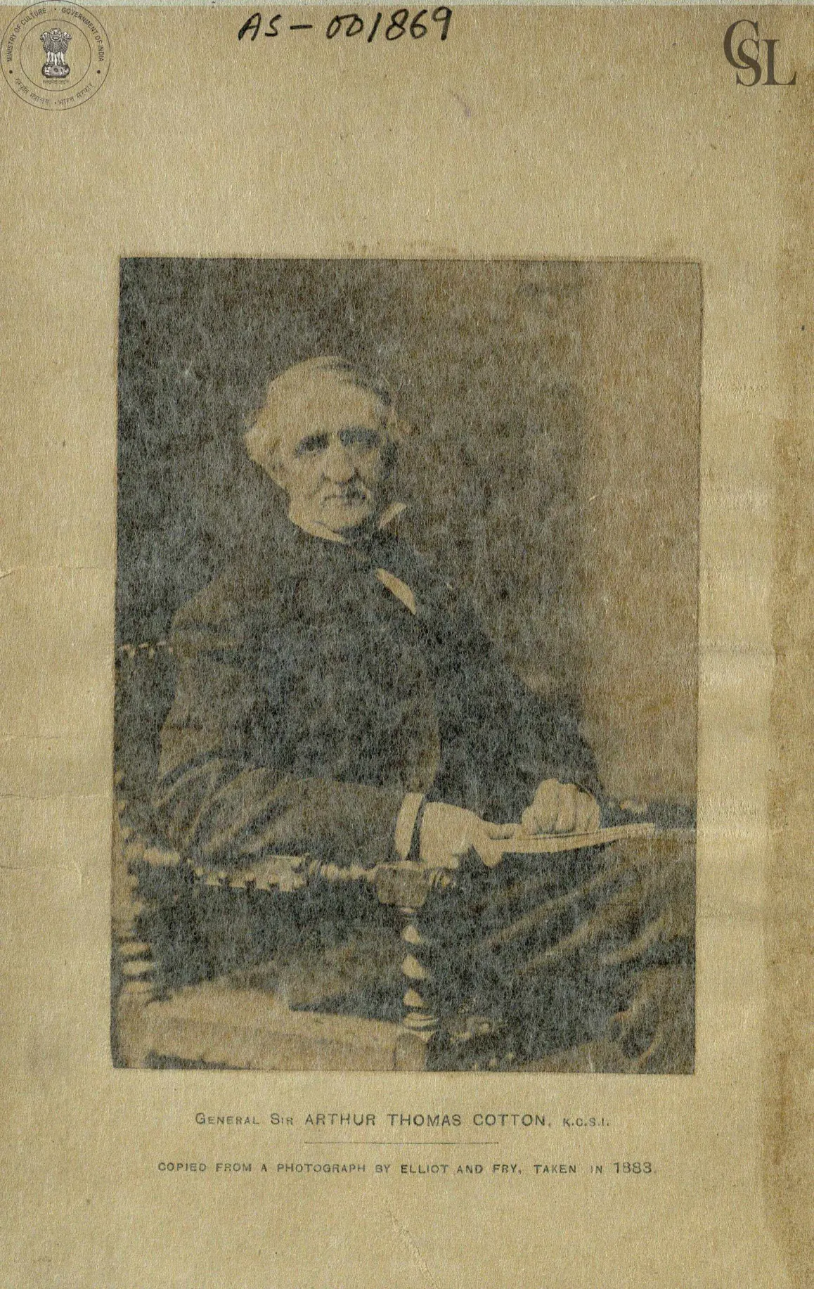 Portrait photograph of an elderly bearded man, Sir Arthur Cotton, seated in a dark coat.