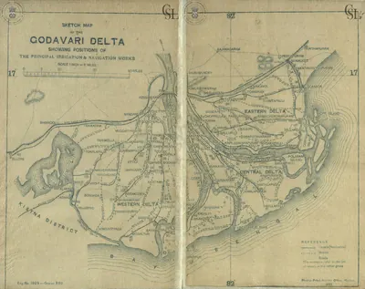 Folding map of the Godavari delta between the Kistna district and the Bay of Bengal, showing the Western, Central and Eastern Delta, canals, drains and roads, with towns such as Rajahmundry, Dowlaishweram, Cocanada, Ellore and Narsapur. Printed by the Photo-Print Survey Office, Madras, 1895.