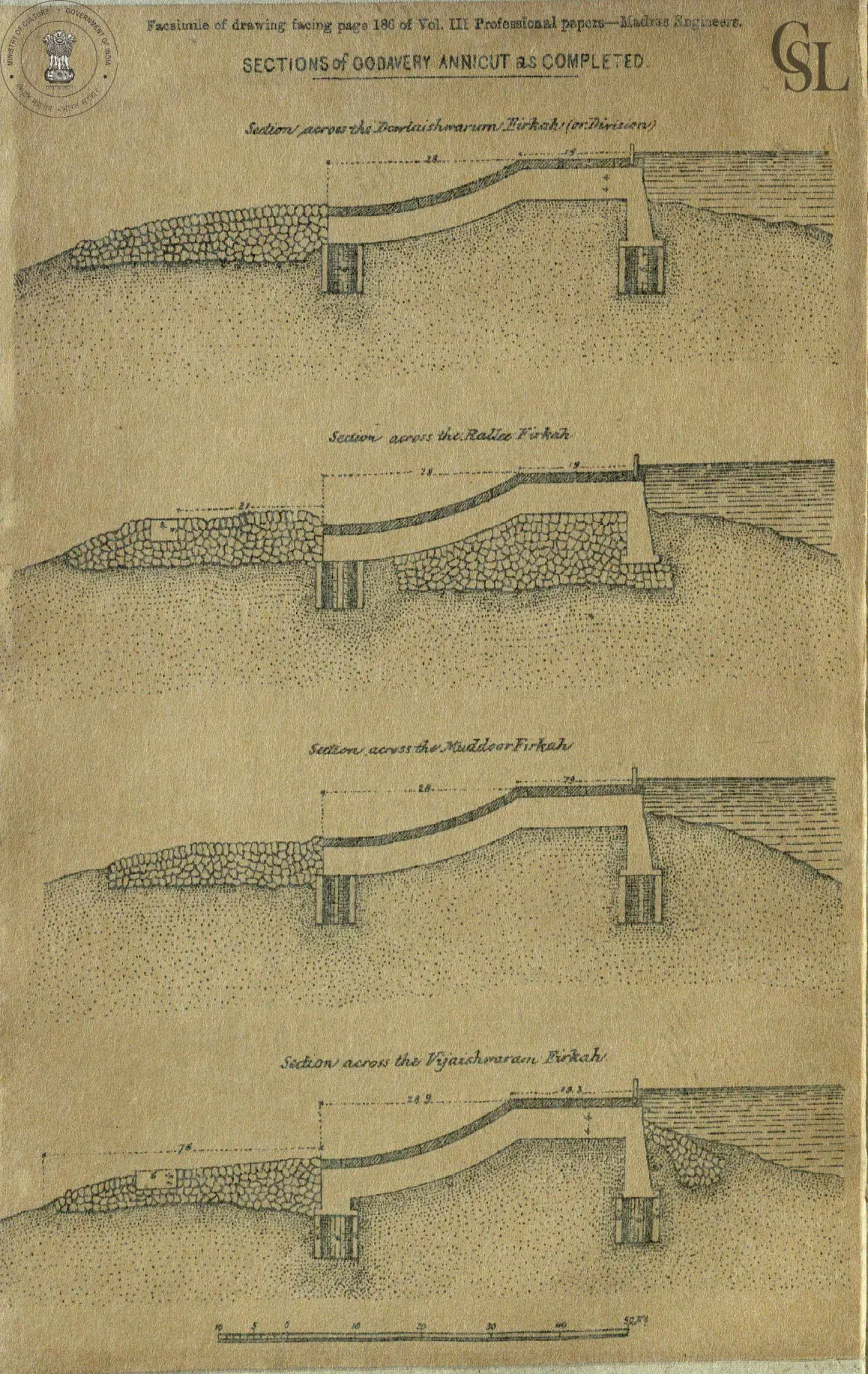 Engineering drawing of four cross-sections of the Godavari anicut, one for each branch of the river, starting with the section across the Dowlaishwaram branch.