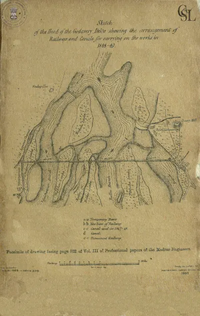 Hand-drawn sketch map of the head of the Godavari delta where the river divides, with the temporary railways and canals laid out to build the anicut, and a lettered key.