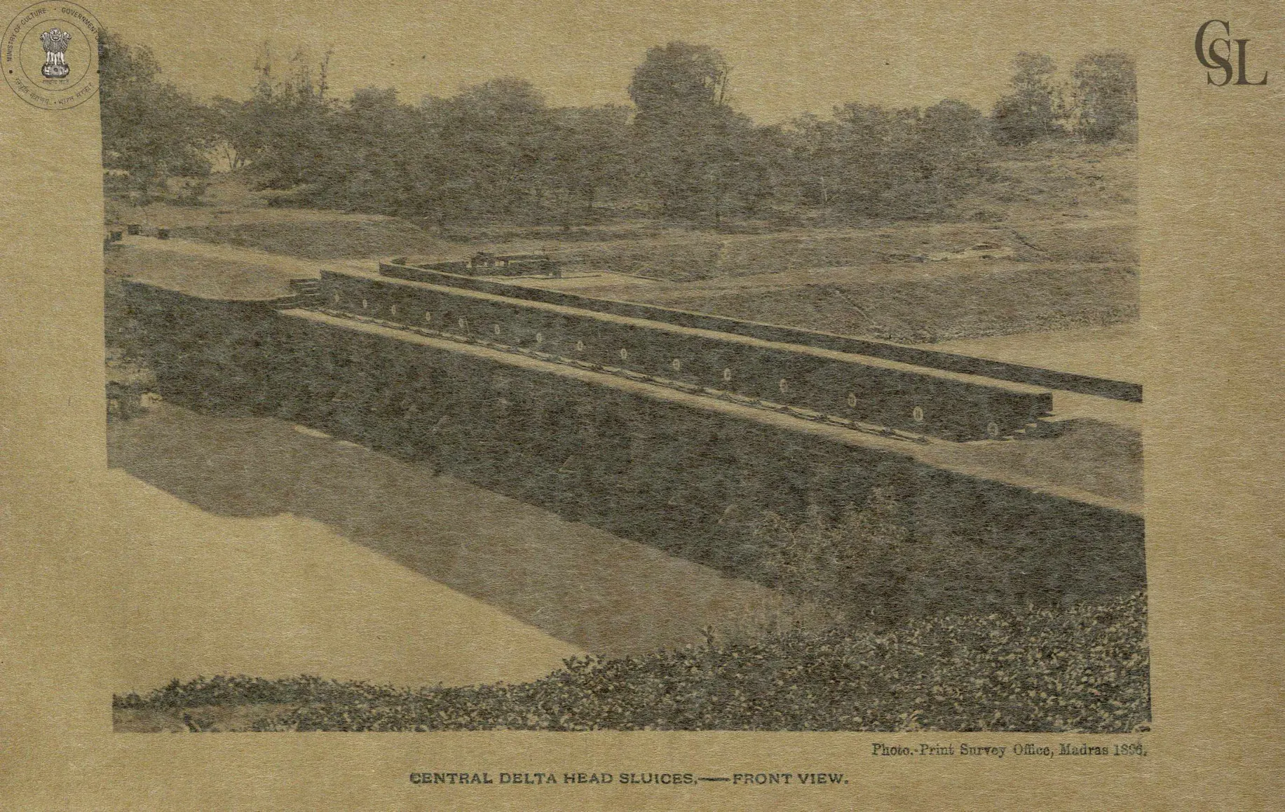 Photograph of the masonry head sluices of the Central Delta canal on the Godavari, seen from the river side.