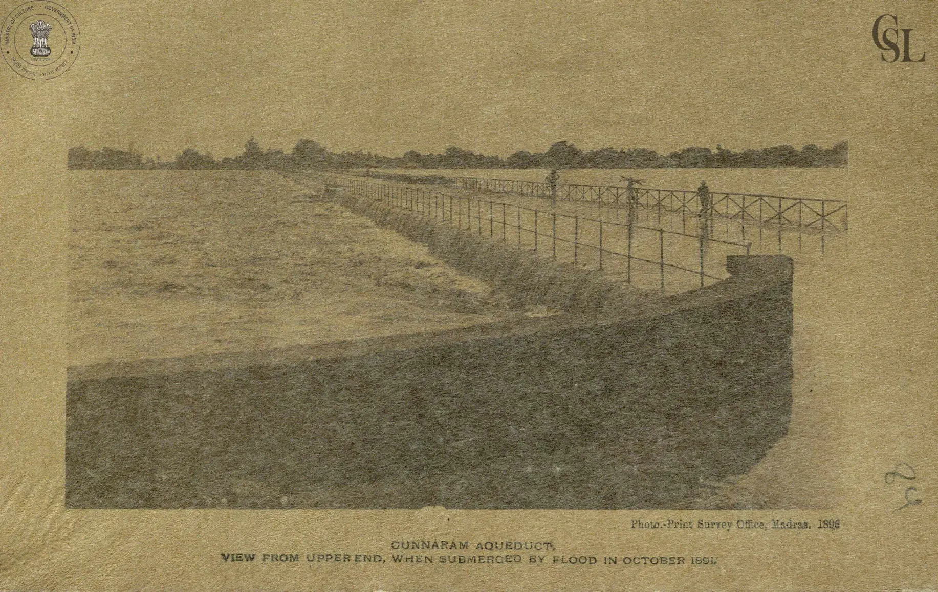 Photograph of the Gunnaram aqueduct with flood water flowing over and around it in October 1891.