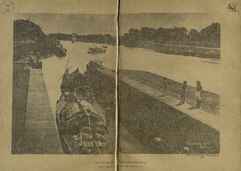 Two-page photograph of the head of the Eastern Delta main canal with country boats in the lock and people standing on the bank.