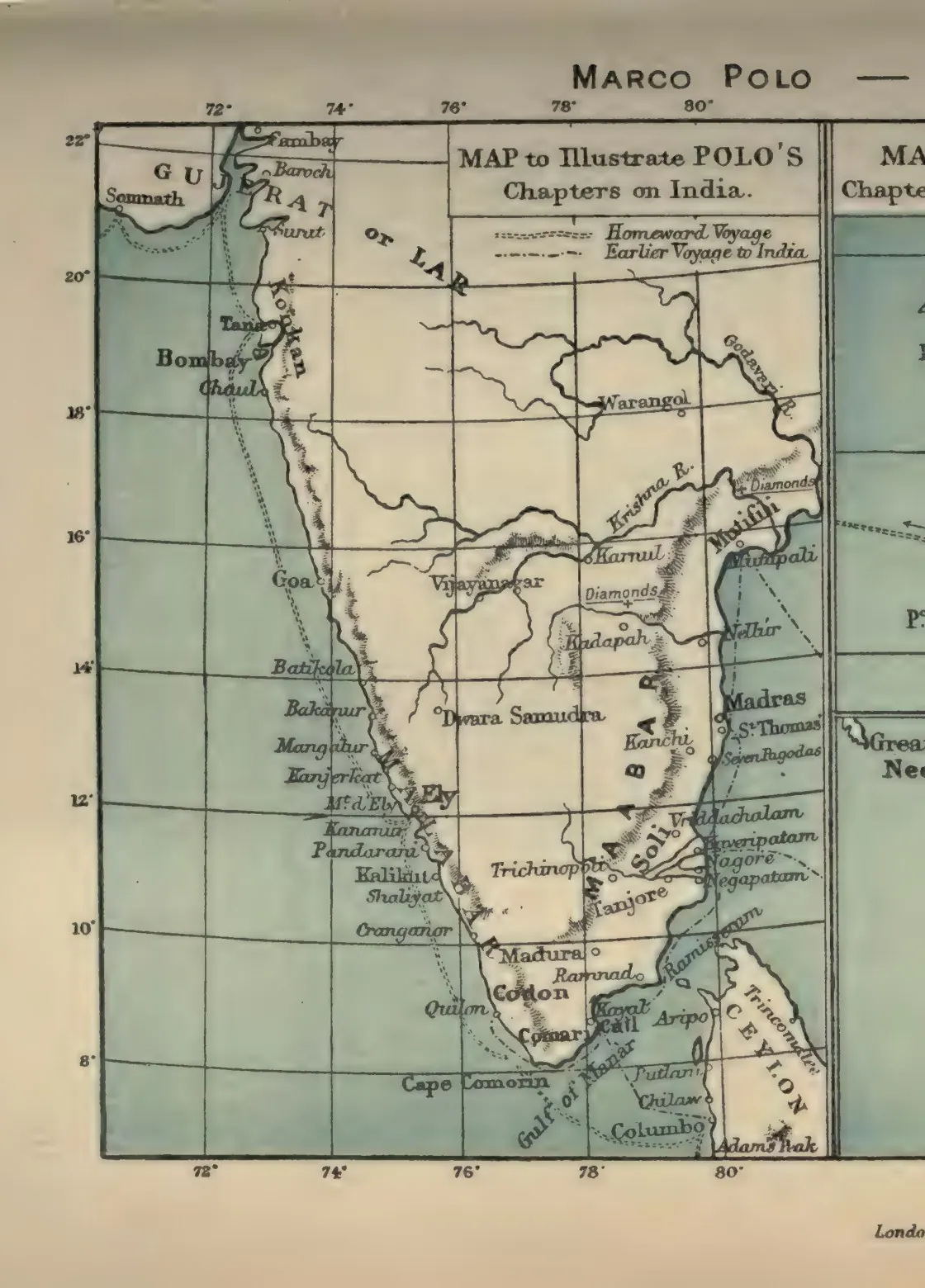 Coloured map of peninsular India showing Polo's homeward and earlier voyages along the coast, with Mutfili, Warangol, the Kistna and Godavari rivers, Diamonds, Madras, St Thomas and Ceylon. Printed sideways.