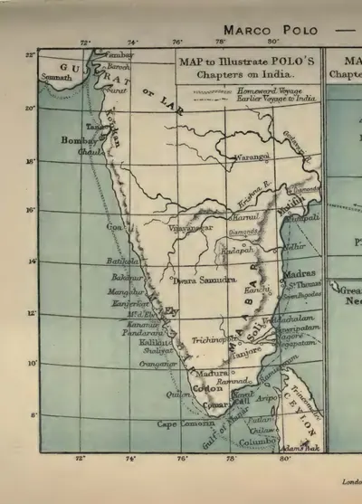 Coloured map of peninsular India showing Polo's homeward and earlier voyages along the coast, with Mutfili, Warangol, the Kistna and Godavari rivers, Diamonds, Madras, St Thomas and Ceylon. Printed sideways.