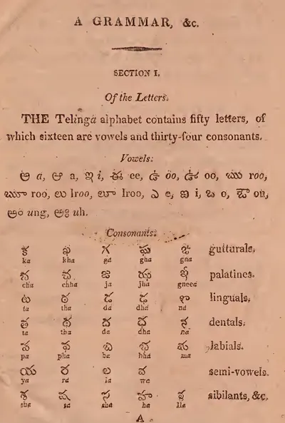 Printed page on brown paper giving the Telugu vowels in a line and the consonants in rows, each letter with its English sound below, grouped as gutturals, palatals and so on.