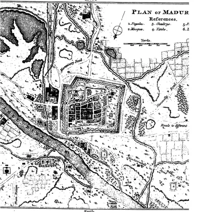 Engraved plan of a walled and moated town beside a river, with a large temple in the centre, tanks, roads and fields around it; the title and a key are at the upper right, partly cut off at the edge.