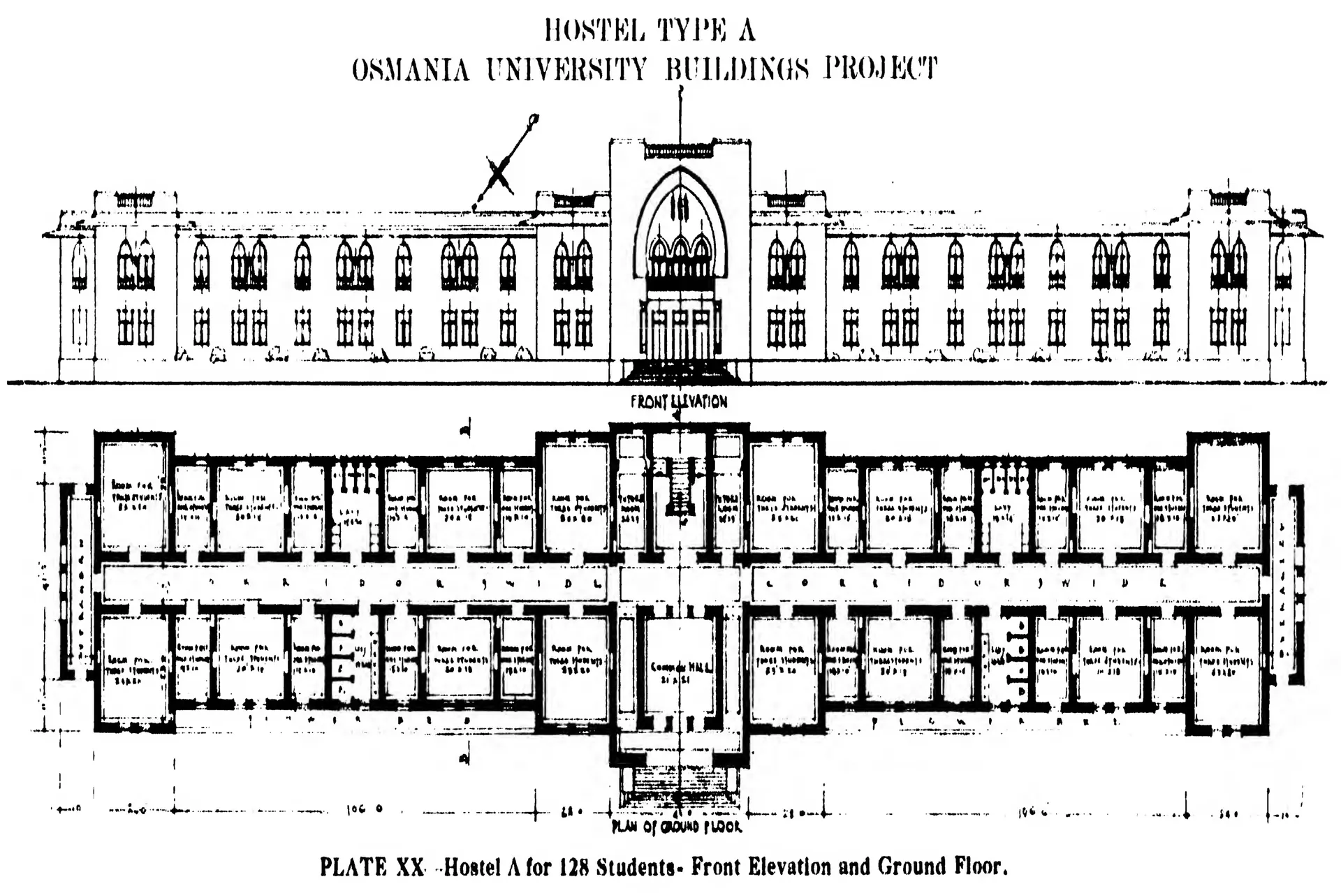Architect's drawing of a long two-storeyed building with a central arched entrance, above its ground-floor plan of rooms along a corridor.