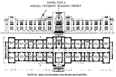 Architect's drawing of a long two-storeyed building with a central arched entrance, above its ground-floor plan of rooms along a corridor.