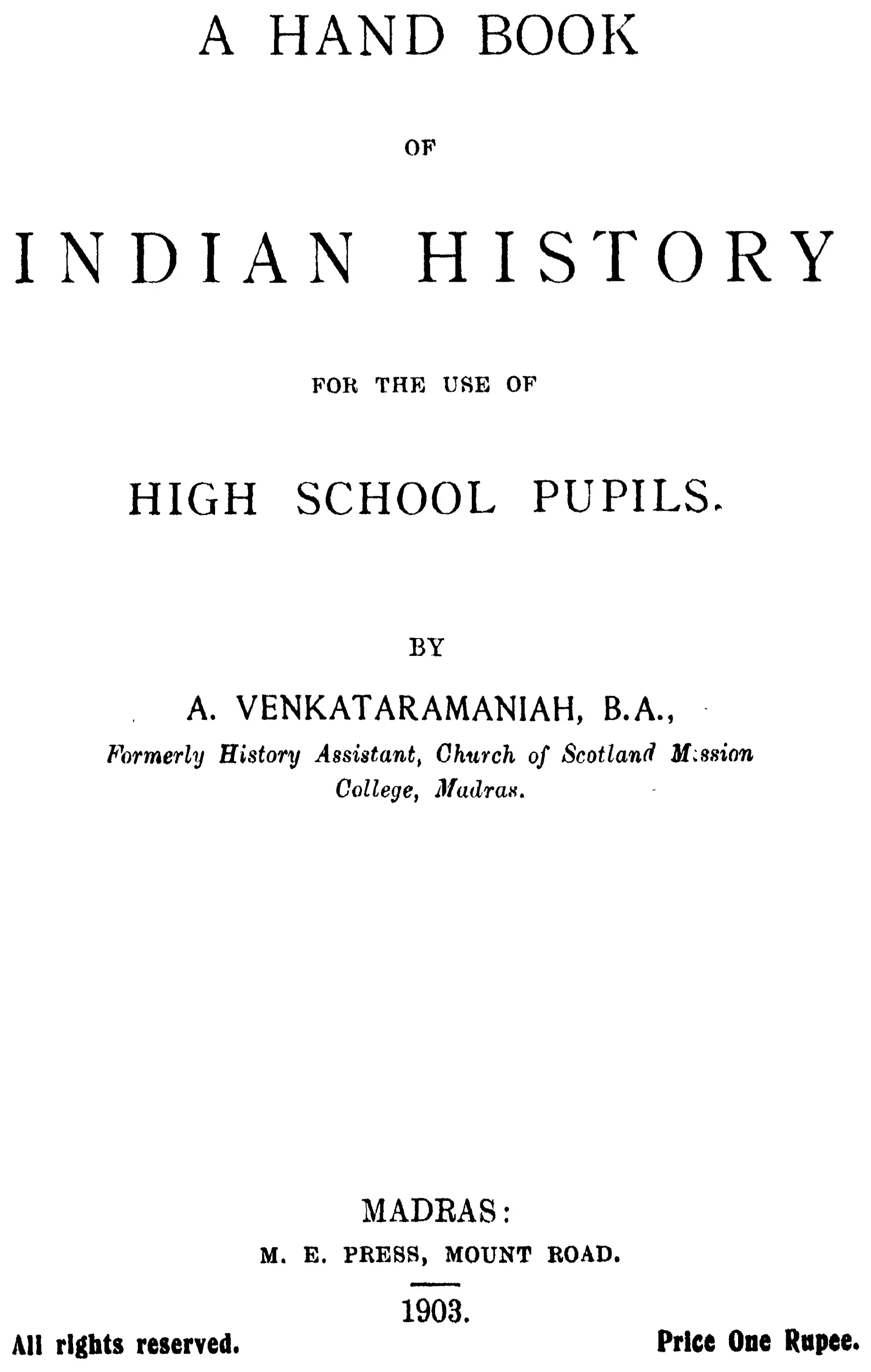 Printed English title page naming the book, its author and his post at a Madras mission college, with the press, the year 1903 and the price at the foot.