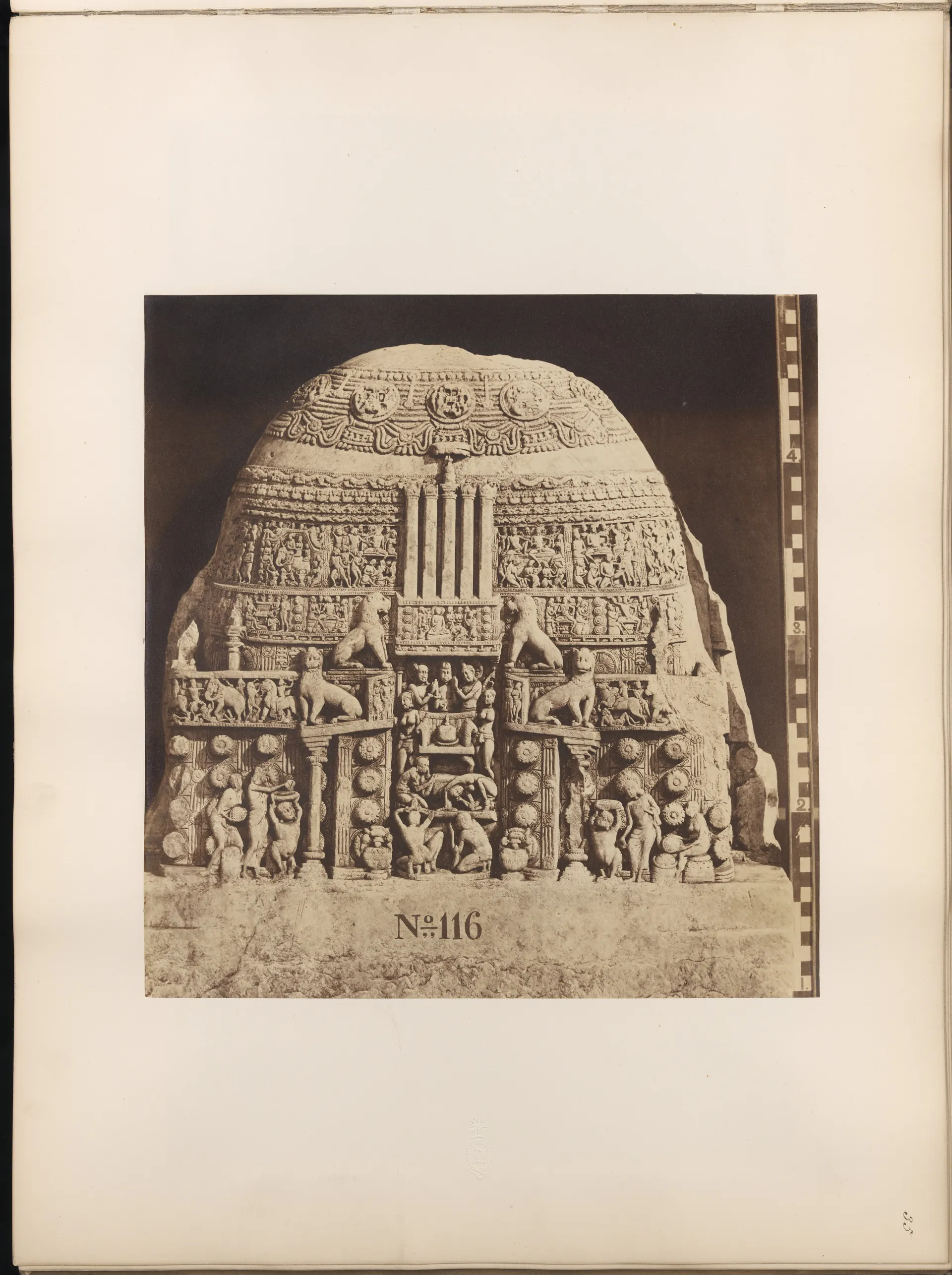 1858 albumen photograph of an Amaravati drum slab showing a carved stupa with nagas worshipping at its gateway (Elliot no. 116).