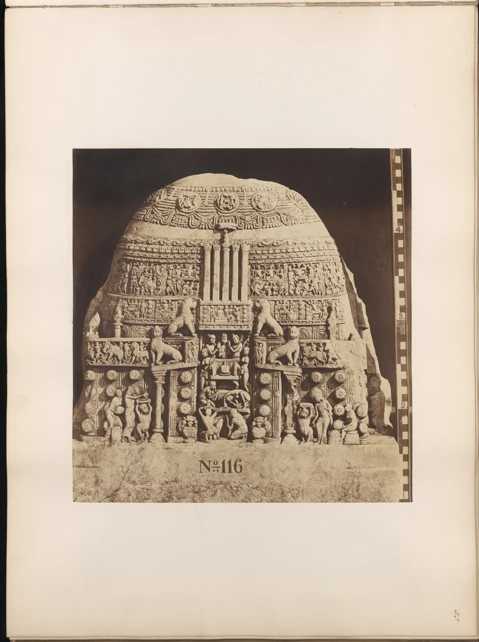 1858 albumen photograph of an Amaravati drum slab showing a carved stupa with nagas worshipping at its gateway (Elliot no. 116).