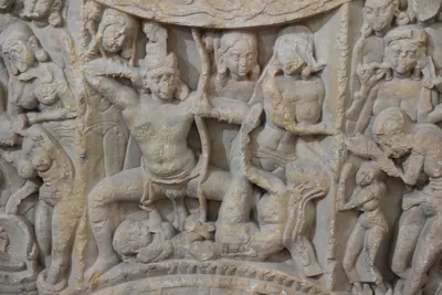 Detail of an Amaravati limestone relief, c. 150 CE, with densely carved figures, in the Government Museum, Chennai.