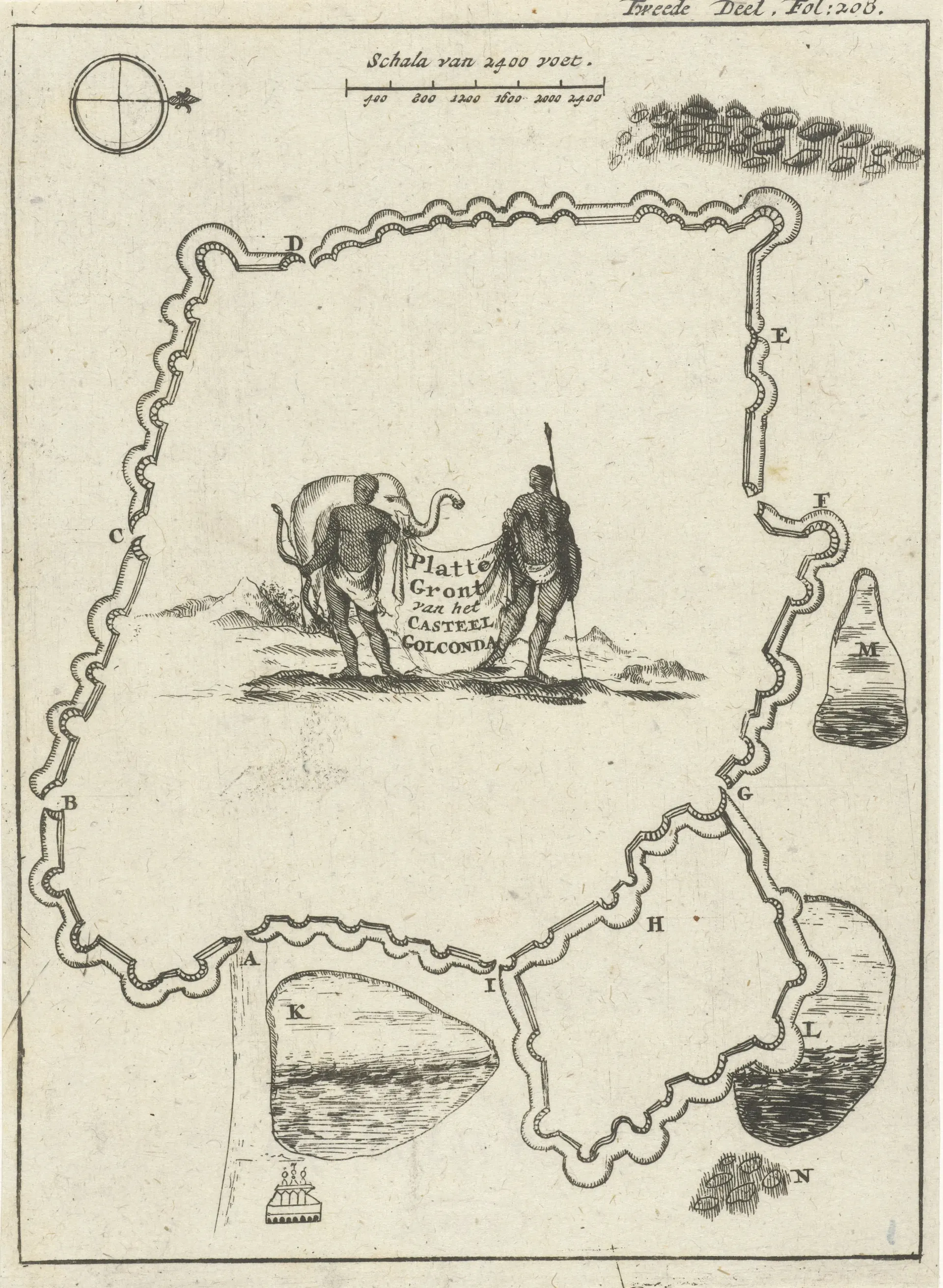 1693 Dutch etched plan of Golconda Fort ("Platte Gront van het Kasteel Golconda") with an elephant-and-rider vignette.