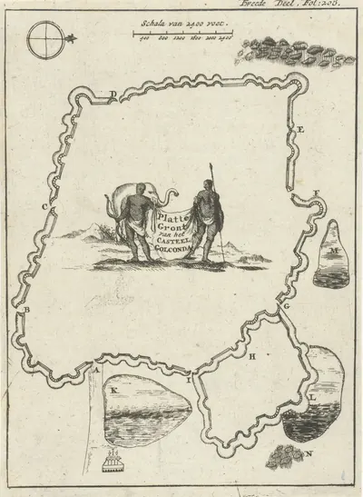1693 Dutch etched plan of Golconda Fort ("Platte Gront van het Kasteel Golconda") with an elephant-and-rider vignette.