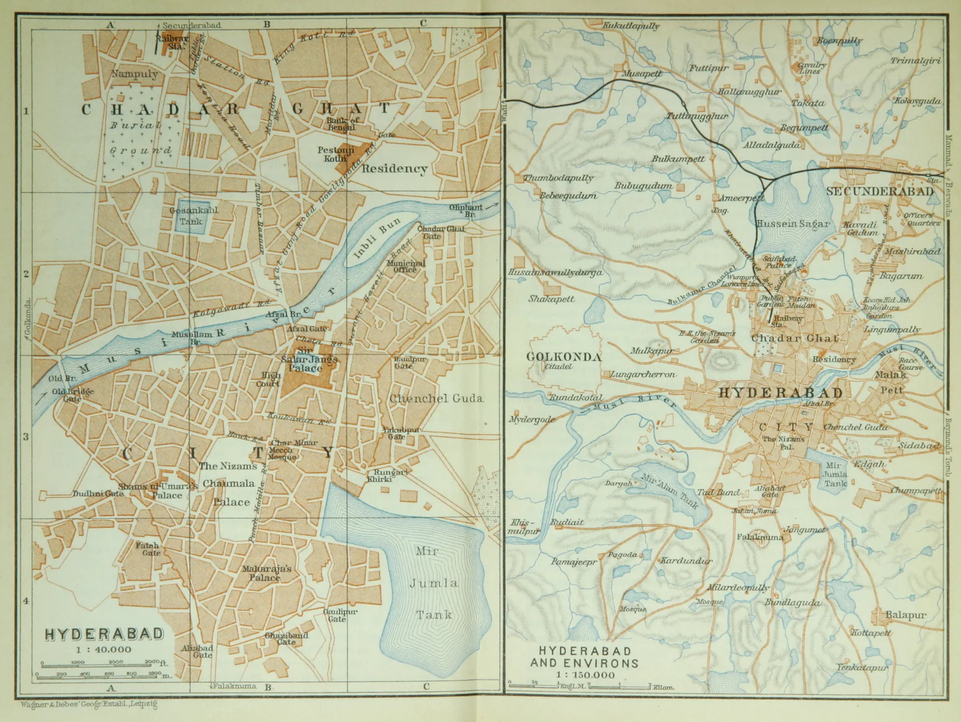 1914 Baedeker double map of Hyderabad, with the city centre on the left and the city and environs including Golconda on the right.