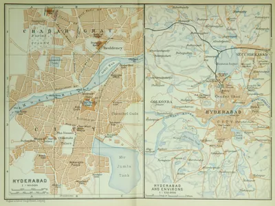 1914 Baedeker double map of Hyderabad, with the city centre on the left and the city and environs including Golconda on the right.