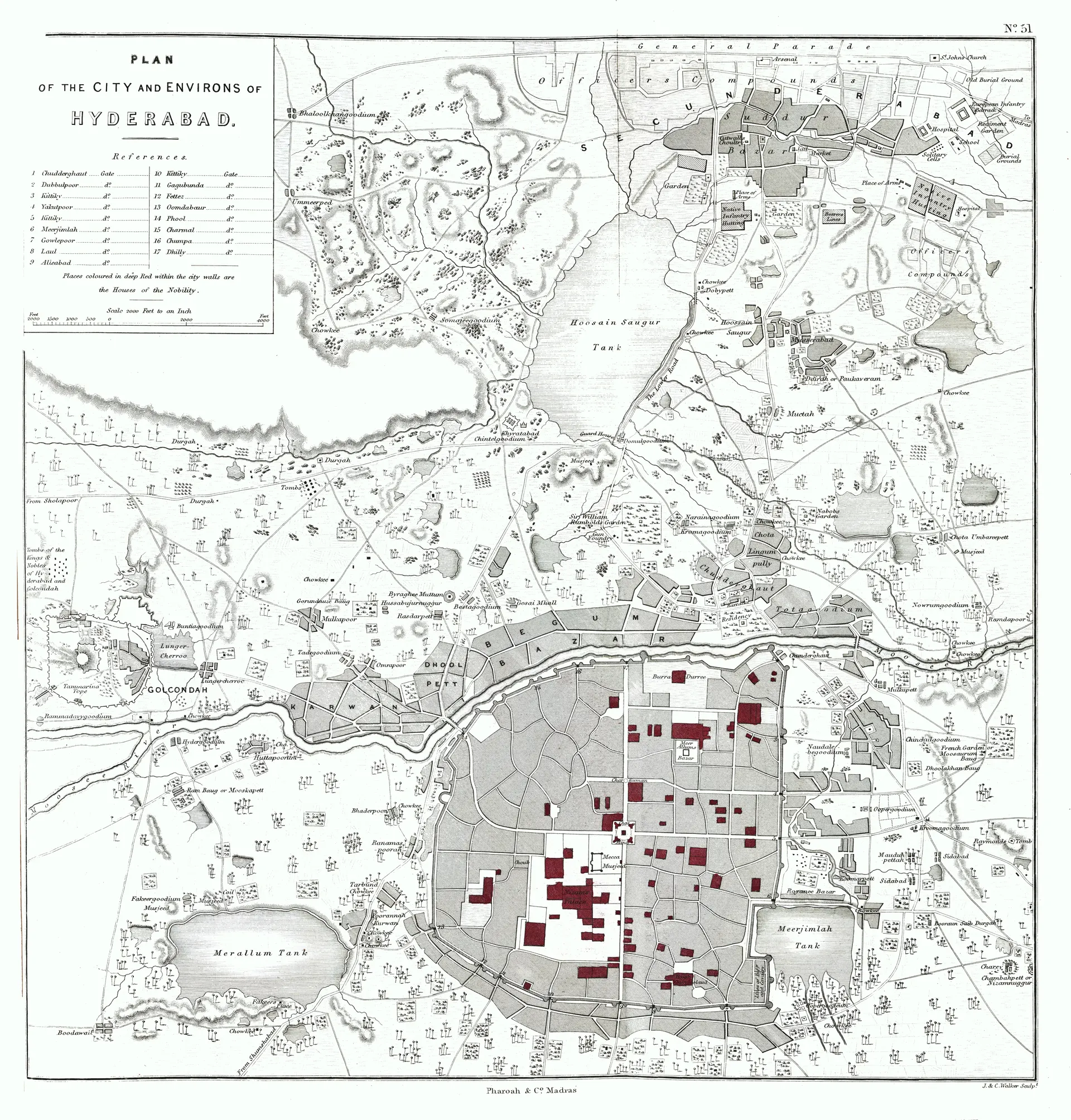 1854 town plan of Hyderabad showing the walled city, the Musi river, tanks and surrounding suburbs.