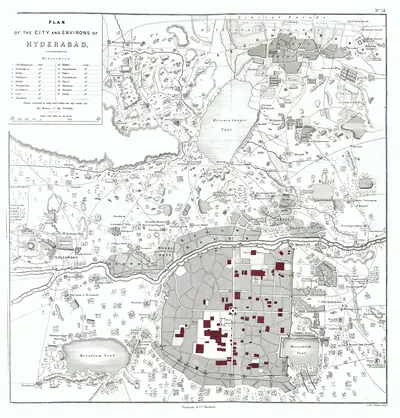 1854 town plan of Hyderabad showing the walled city, the Musi river, tanks and surrounding suburbs.