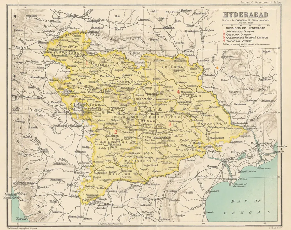 1909 Imperial Gazetteer map of Hyderabad State with its districts.