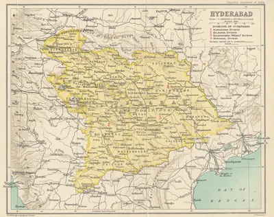 1909 Imperial Gazetteer map of Hyderabad State with its districts.