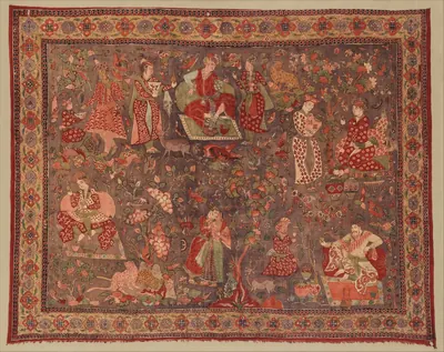 17th-century painted and dyed cotton kalamkari cover from Golconda, showing courtly figures in a red-bordered field.