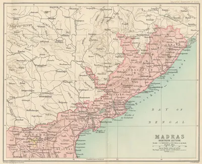 1909 map of the northern Madras Presidency, covering the coastal Andhra districts from Ganjam to Nellore.