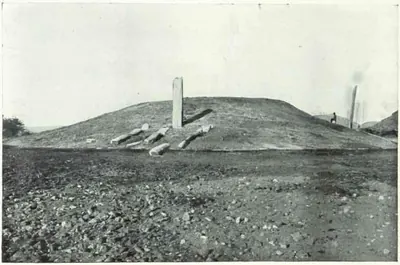 Black-and-white plate from the 1927–28 ASI report of a stupa mound at Nagarjunakonda before excavation, with standing pillars.