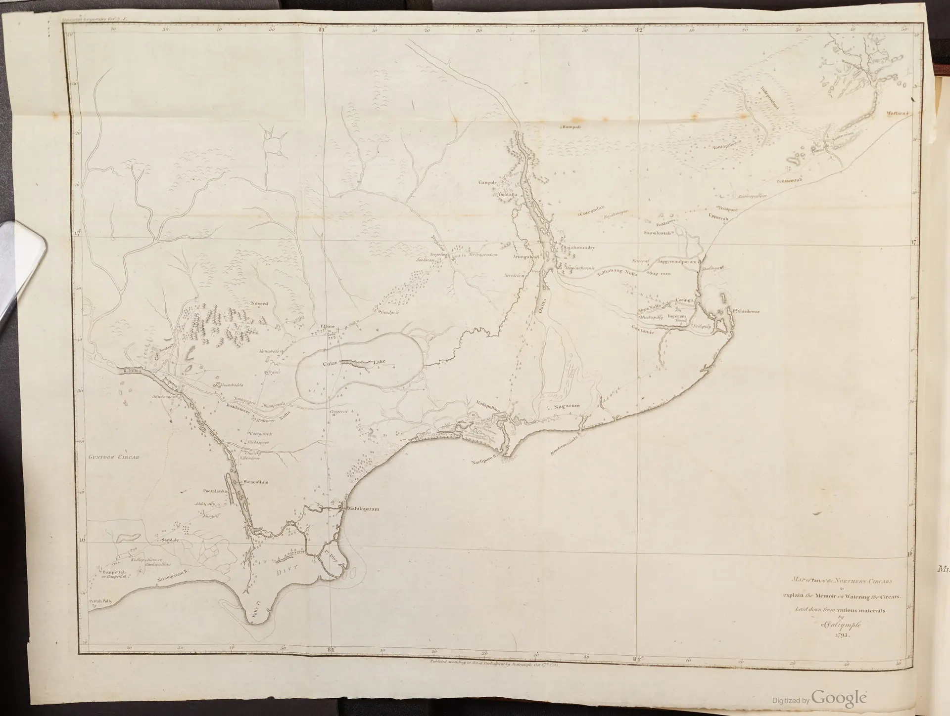 1793 map of part of the Northern Circars on the Andhra coast, drawn to illustrate a memoir on irrigating the region.