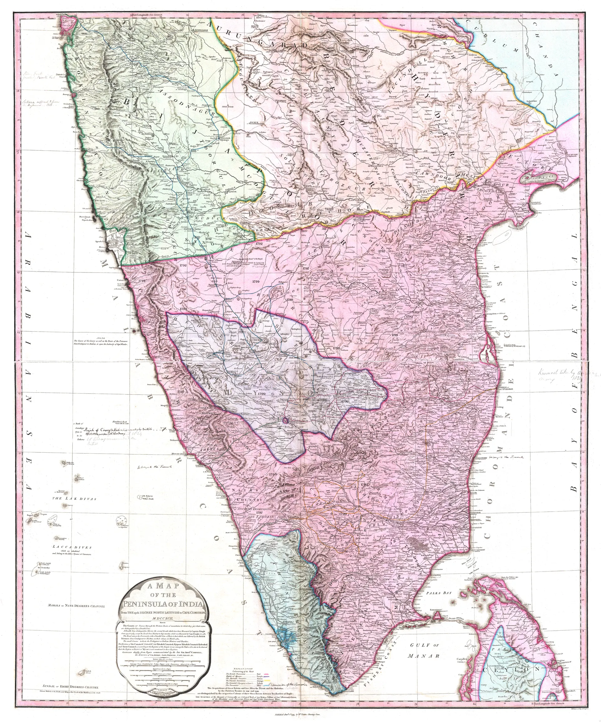 Hand-coloured map of peninsular India around 1800, showing the Deccan, the Nizam's territories and the Northern Circars.