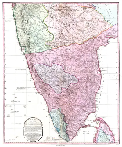 Hand-coloured map of peninsular India around 1800, showing the Deccan, the Nizam's territories and the Northern Circars.