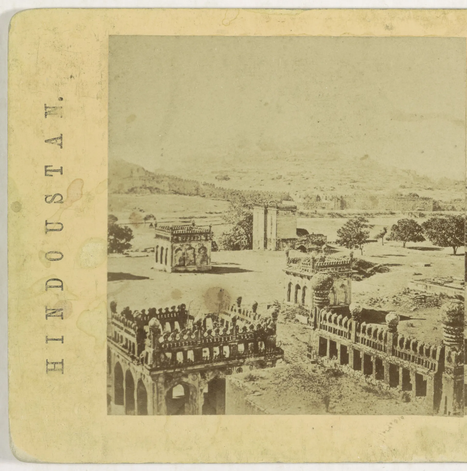 19th-century photograph of the domed Qutb Shahi royal tombs near Golconda (left half of a stereo card).