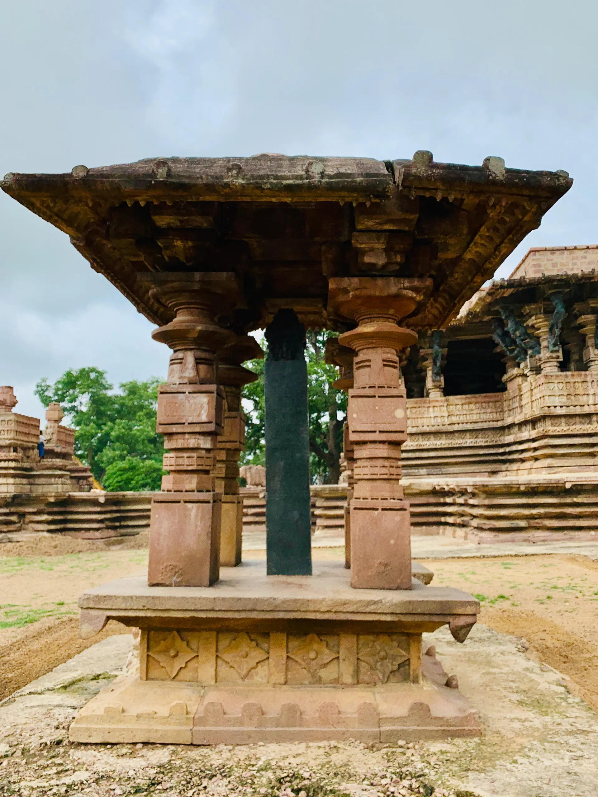Small pillared pavilion at the Ramappa complex sheltering the 13th-century Kakatiya foundation inscription pillar.